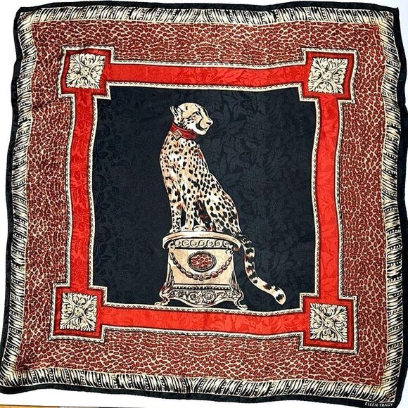Ellen Tracy Linda Allard Silk Jacquard Cheetah Scarf Black Red Beige Vintage - Picture 1 of 12